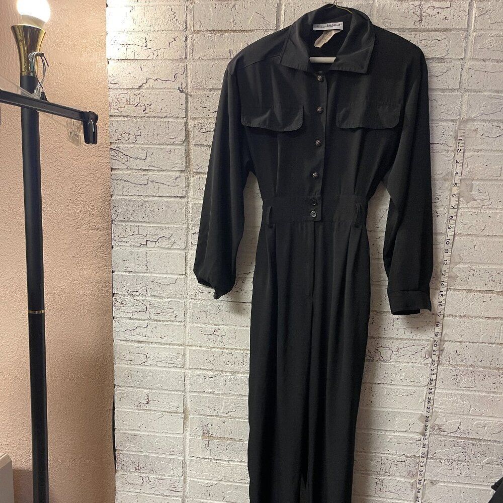 Vintage 80s Joan Walters Womens 6 Black Pleated Surplice Long Sleeve Jumpsuit